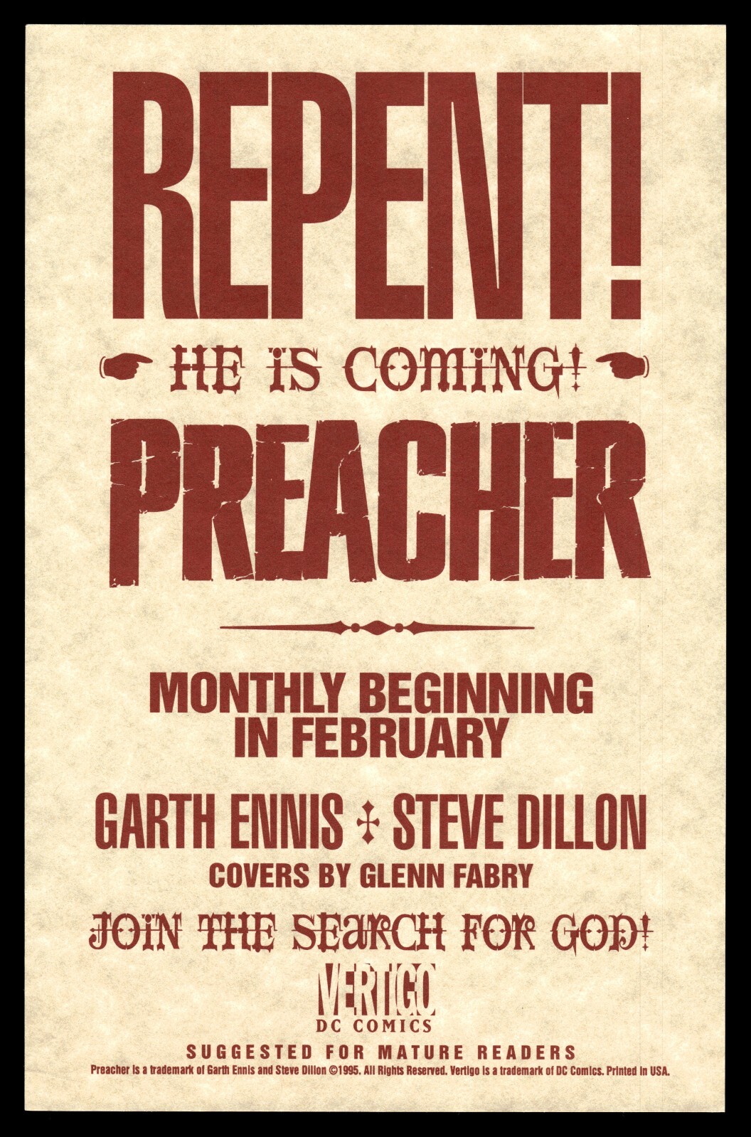 PREACHER Repent He is Coming Vintage 1995 Vertigo DC Comics Promo Preview Flyer