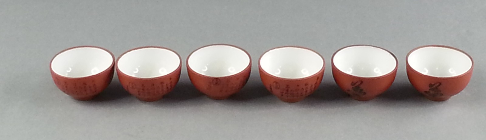 Set of 6 Chinese Yixing Zisha Clay Tea Cups White Glazed Interior Calligraphy