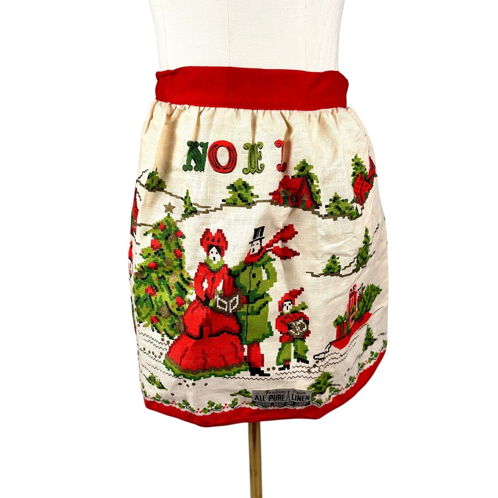 Unworn Vintage 1960s Parisian Prints Noel Christmas Linen Half Apron Mid Century