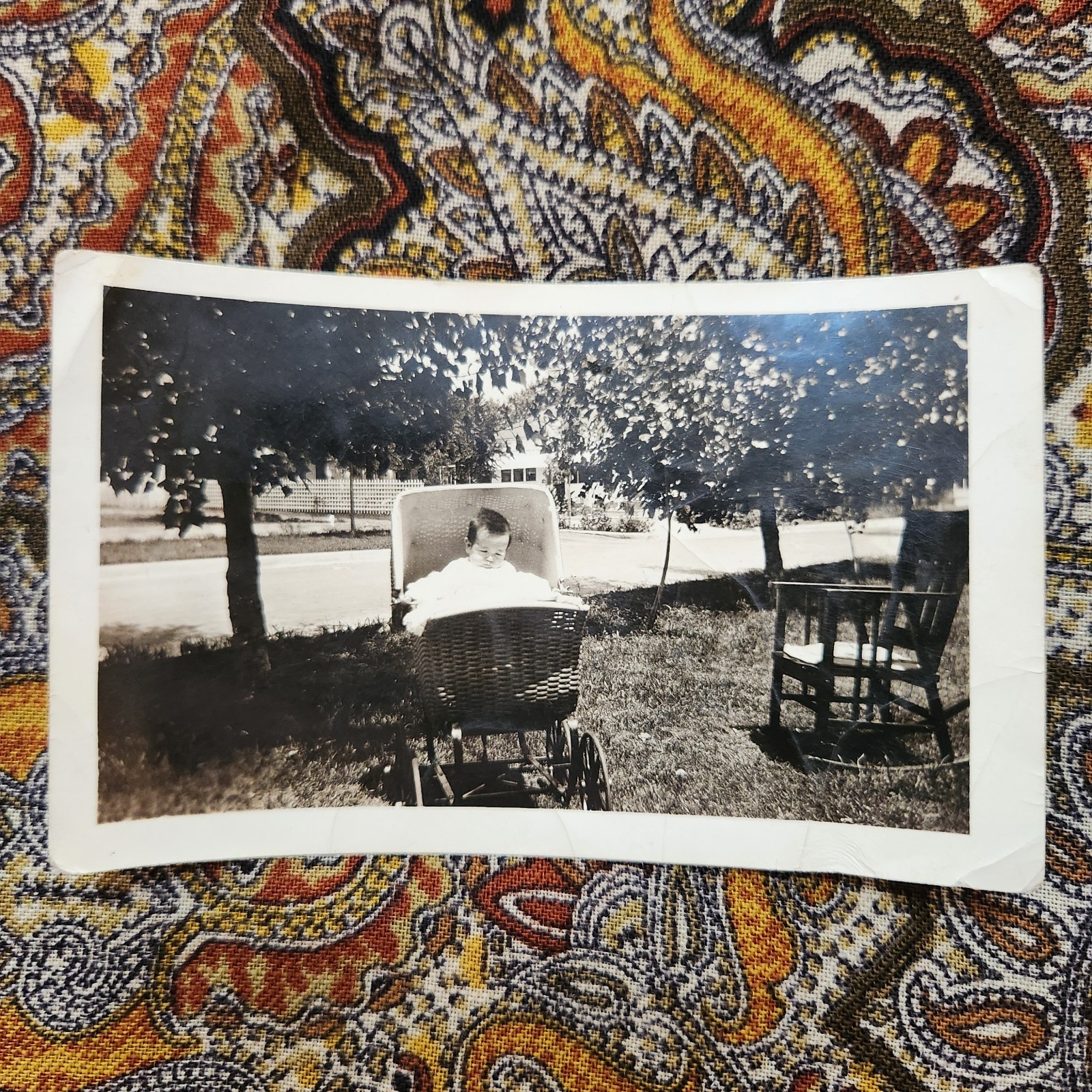 VTG B&W Snapshot Photo 1920s Baby Portrait Baby Carriage Outdoor Yard