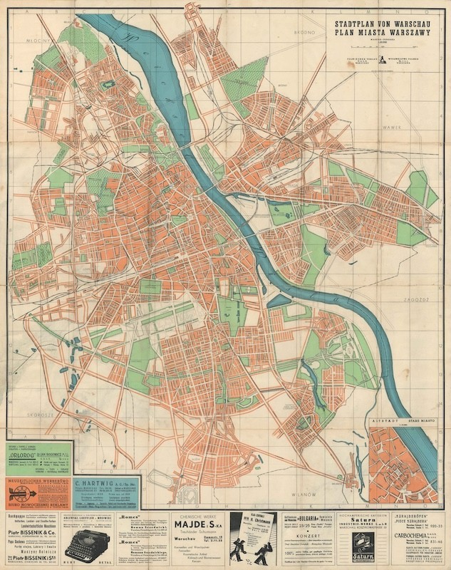 c. 1941 German-Polish Bilingual Map of Warsaw w/ Jewish Ghetto, World War II