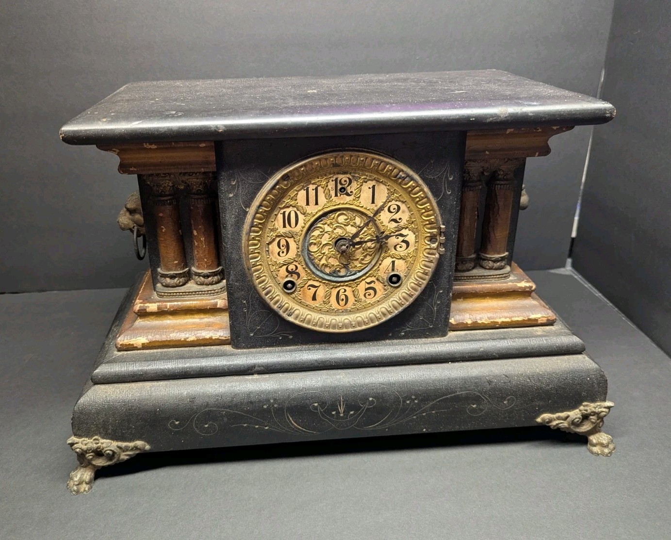  William L. Gilbert Edwardian Era Mantel Clock w/Pilar&Lions  As Is/Untested
