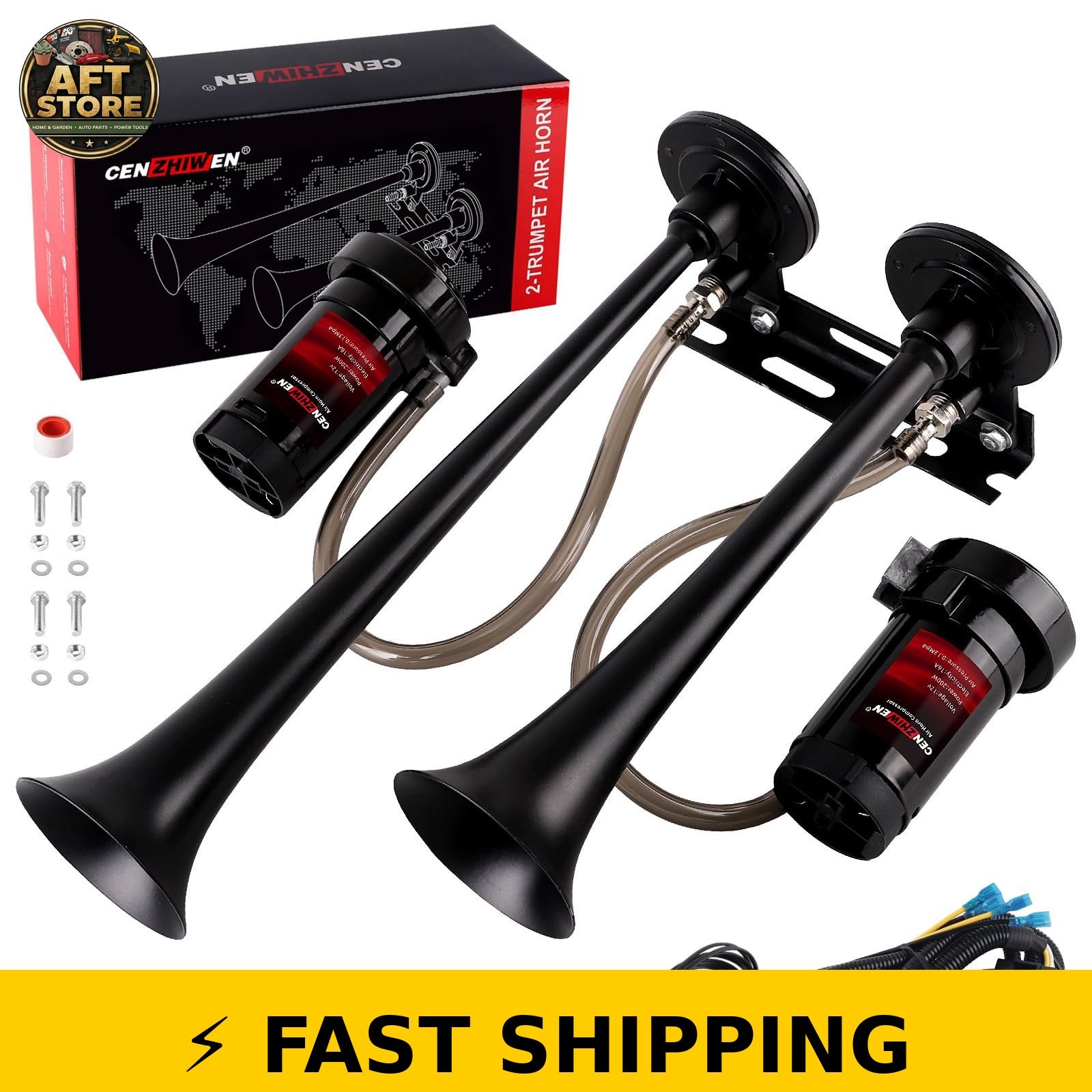 Cenzhiwen 12V Metal Two-Trumpet Train Horn Kit with Compressors Cenzhiwen 12V Metal Two-Trumpet Train Horn Kit with Compressors