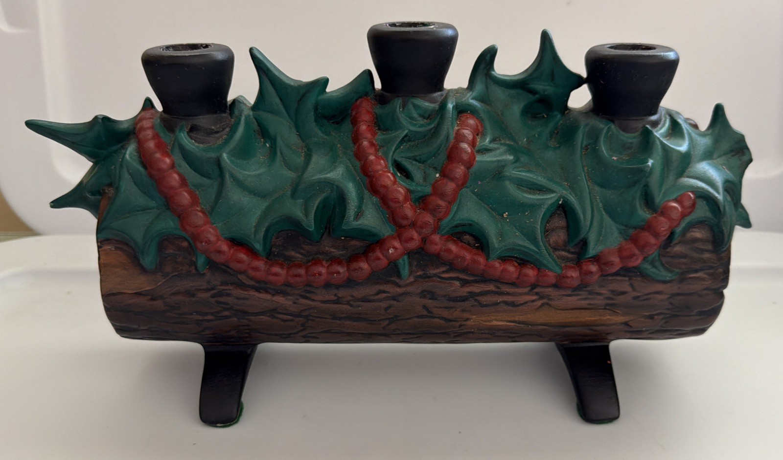 Vintage 1969 Atlantic Mold Christmas Yule Fireplace Log Candle Holder Ceramic