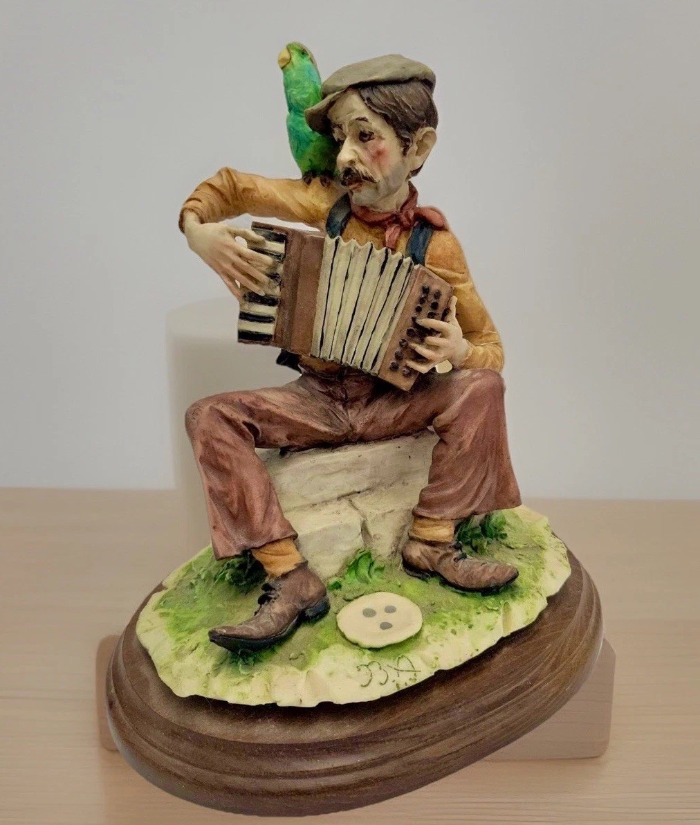 RARE A. Belcari Italy, Porcelain Accordion Playing Man w’ Parrot Signed Statue RARE A. Belcari Italy, Porcelain Accordion Playing Man w’ Parrot Signed Statue