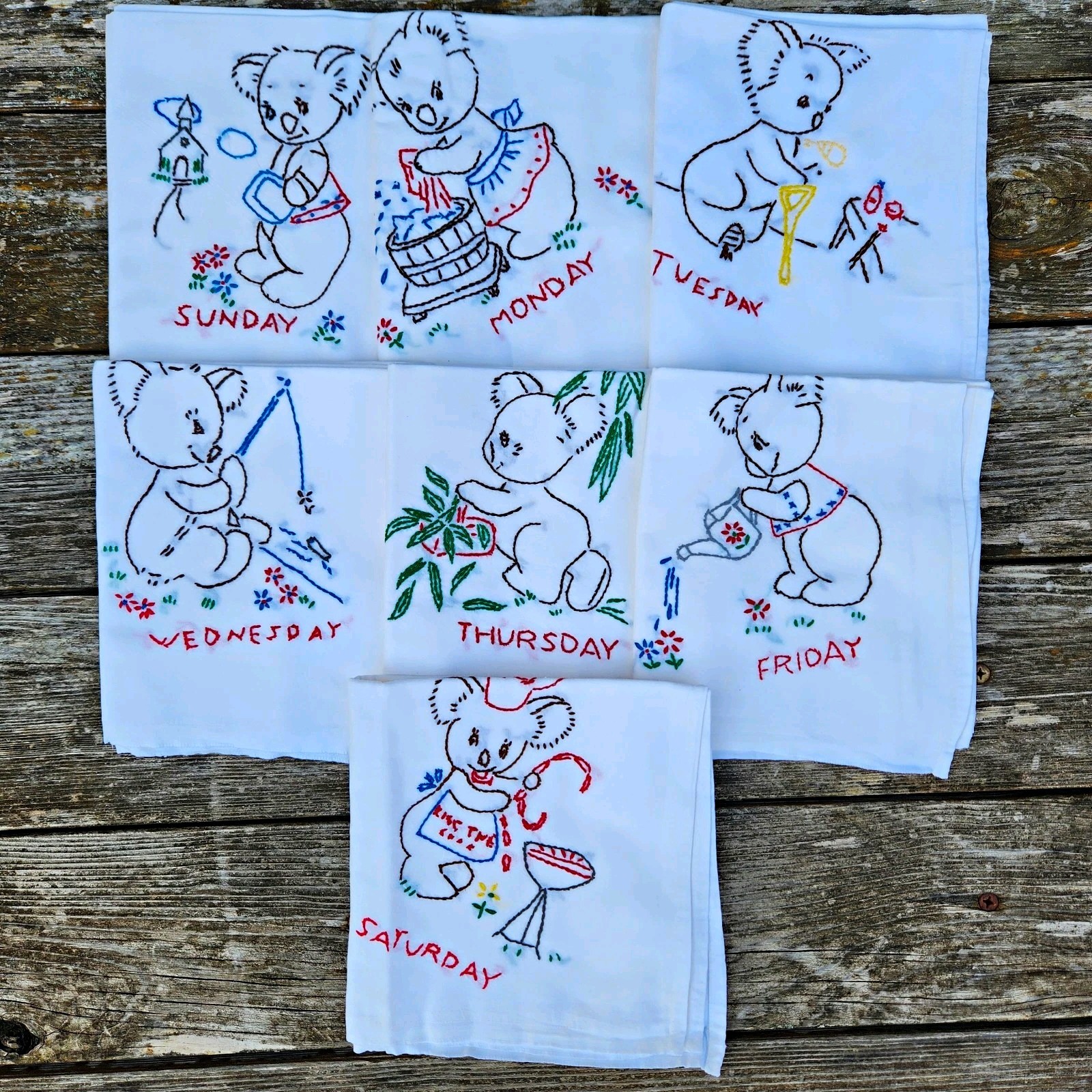 Vintage 50s Days of the Week Koala Bear Embroidered Tea Towels Complete Set 7