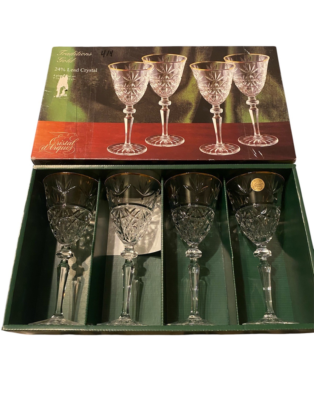 Cristal D'Arques France Traditions Gold Lead Crystal 4 Piece Wine Set Open Box