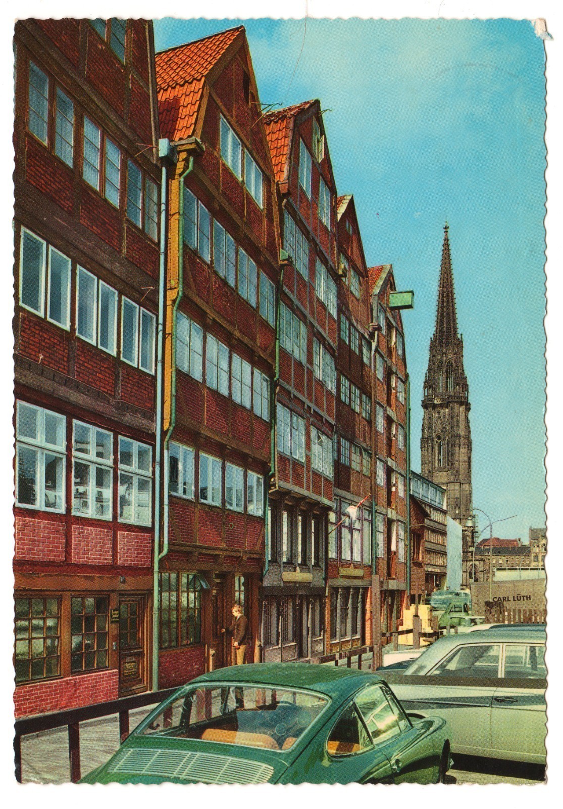 Hamburg Germany Deichstrasse Half-Timbered Houses St Nikolai Spire Postcard