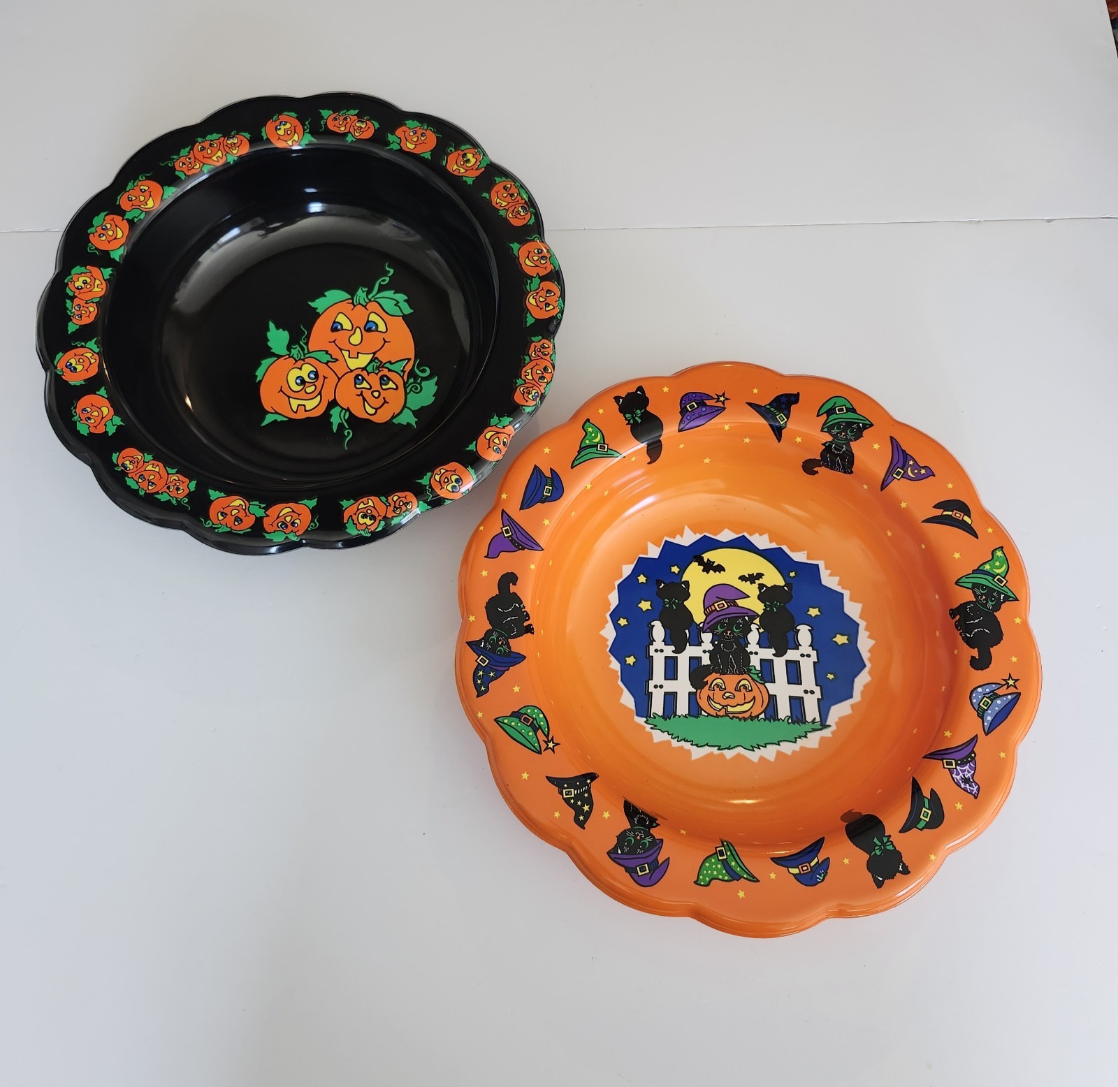 Vintage Berman Halloween Candy Dishes Bowl Black Cat And Pumpkins (set Of 2)