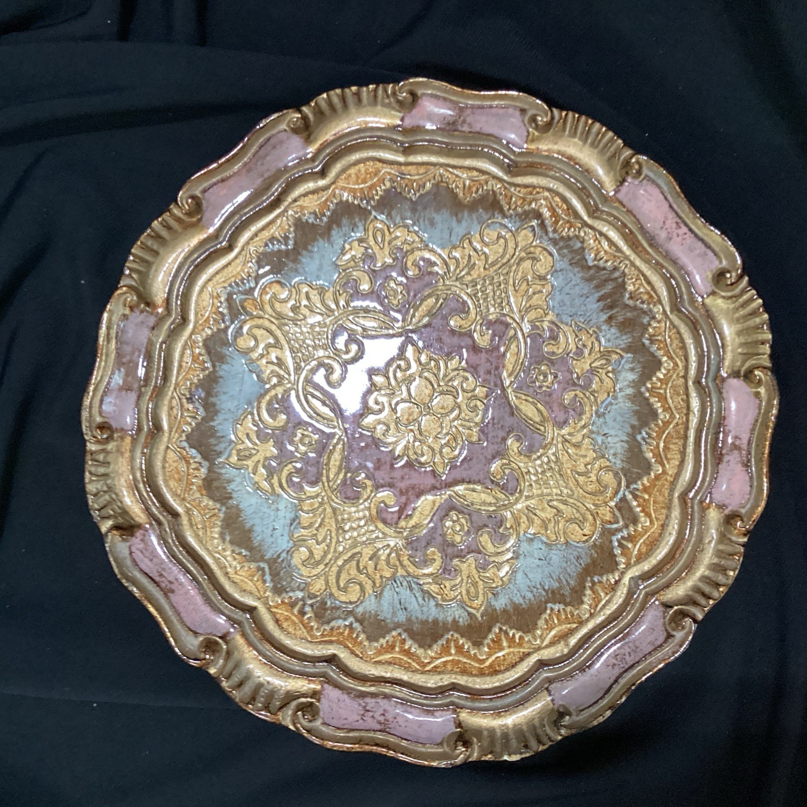 Vintage Italian Florentine Tray Pink Gold Gilt 8” Scalloped Wood Made in Italy