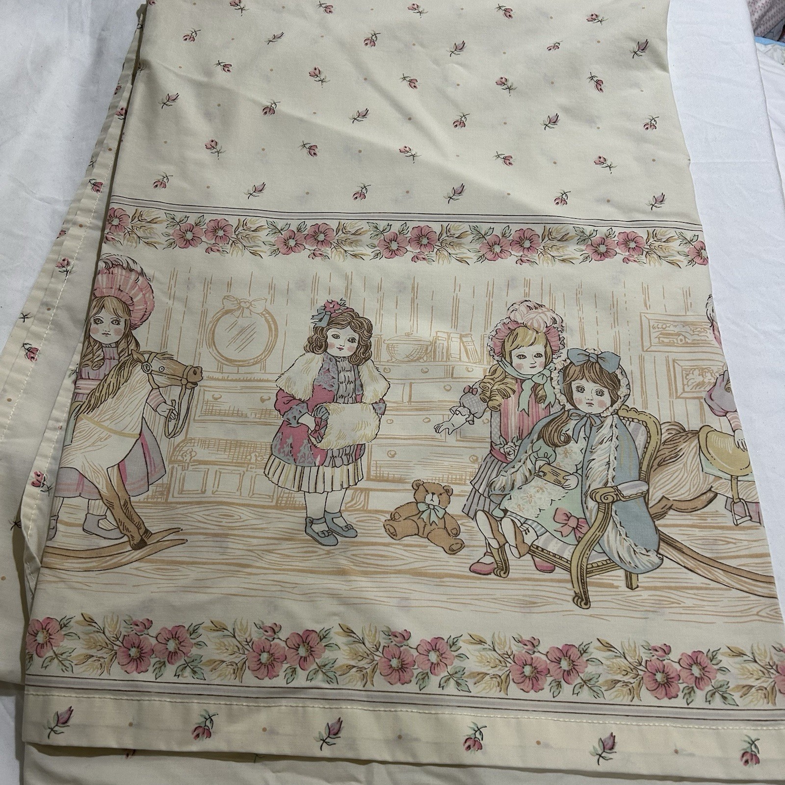 Vintage Twin Flat Sheet With Victorian Dolls, Rocking Horses And Bears JC Penney Vintage Twin Flat Sheet With Victorian Dolls, Rocking Horses And Bears JC Penney