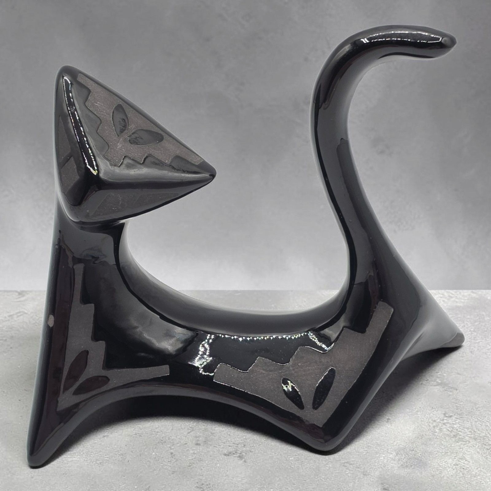 Southwestern Black Pottery Atomic Cat Figurine Handcrafted Signed DN 1992