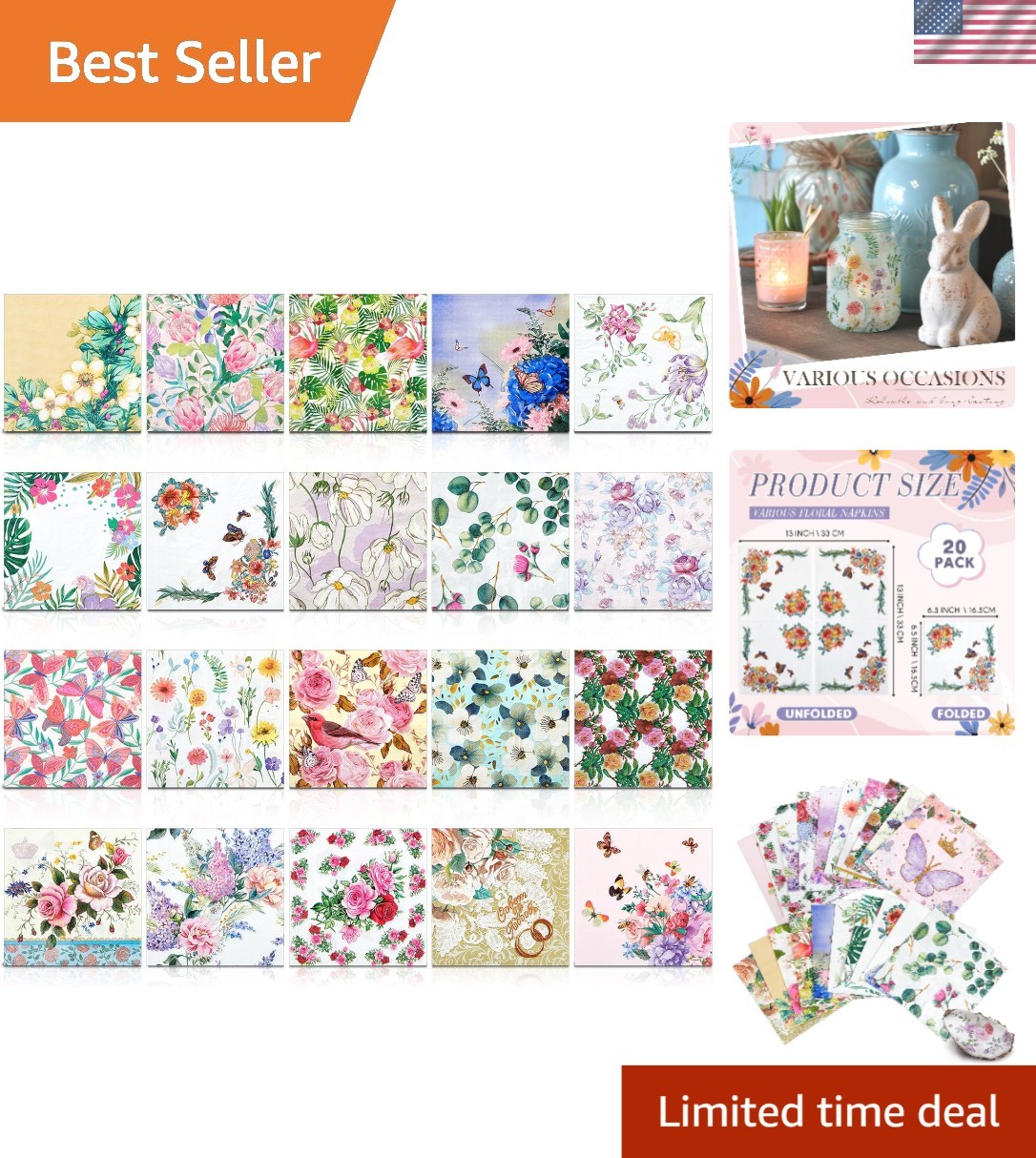 20 Unique Vintage Floral Napkins - Decorative Touch for Celebrations, 6.5 Inch