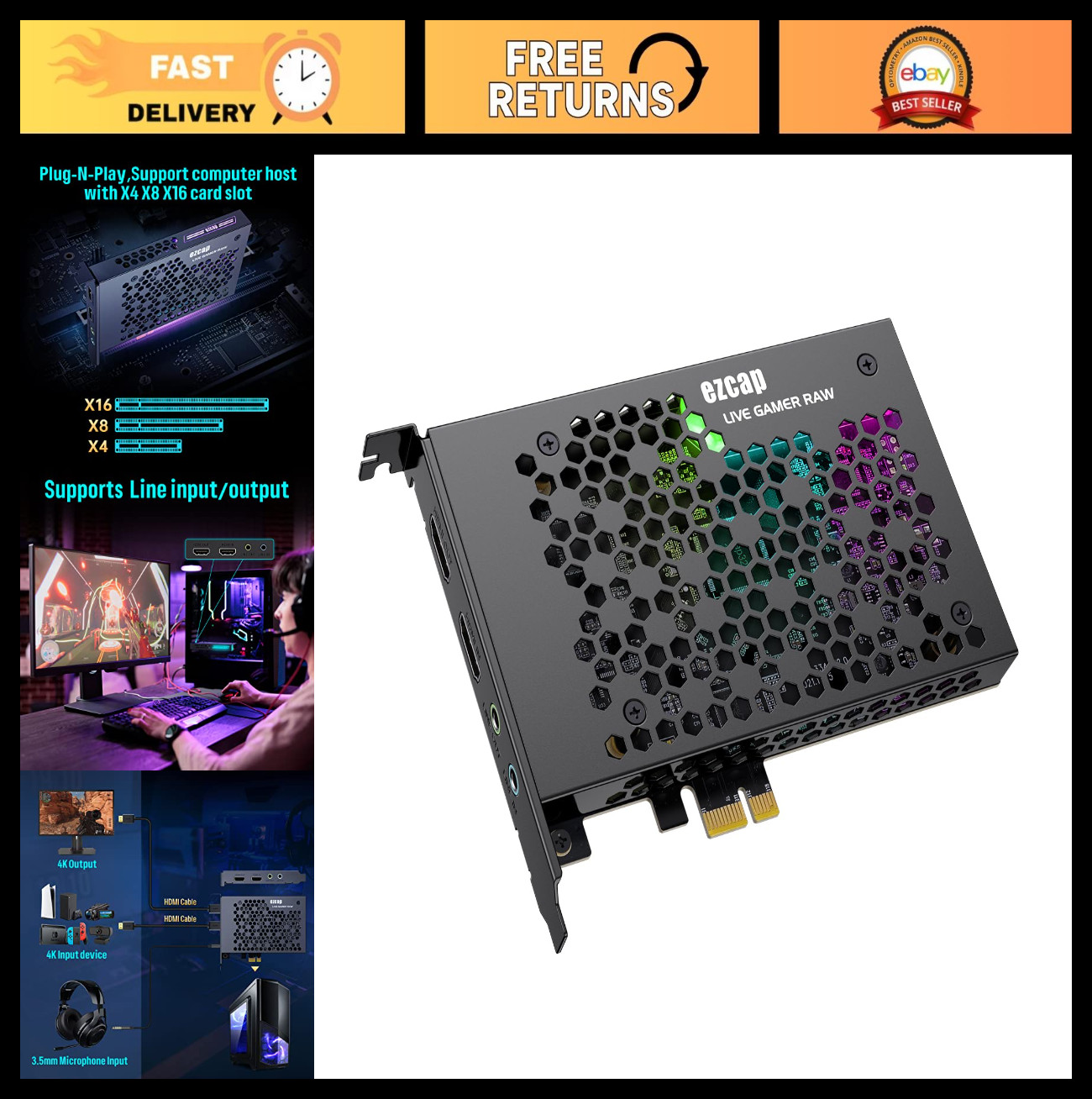 Game Capture Card, HDMI PCI-E 4K 30fps Record & Live Stream from Gaming Systems,