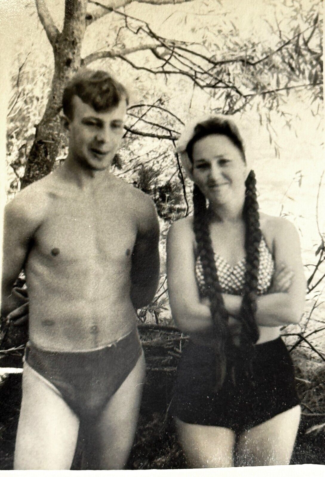1960s Handsome Shirtless Man Trunks Bulge Young Woman Long Braids Vintage Photo