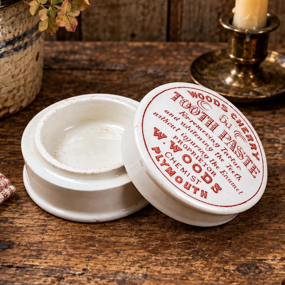 Neat Antique Victorian Woods Cherry Tooth Paste Pot Lidded Advertising Jar Neat Antique Victorian Woods Cherry Tooth Paste Pot Lidded Advertising Jar