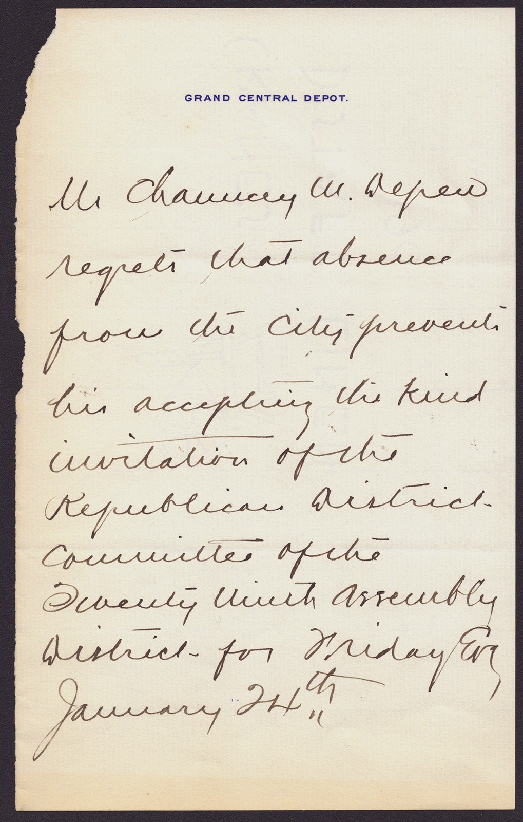 CHAUNCEY M. DEPEW - THIRD PERSON AUTOGRAPH LETTER