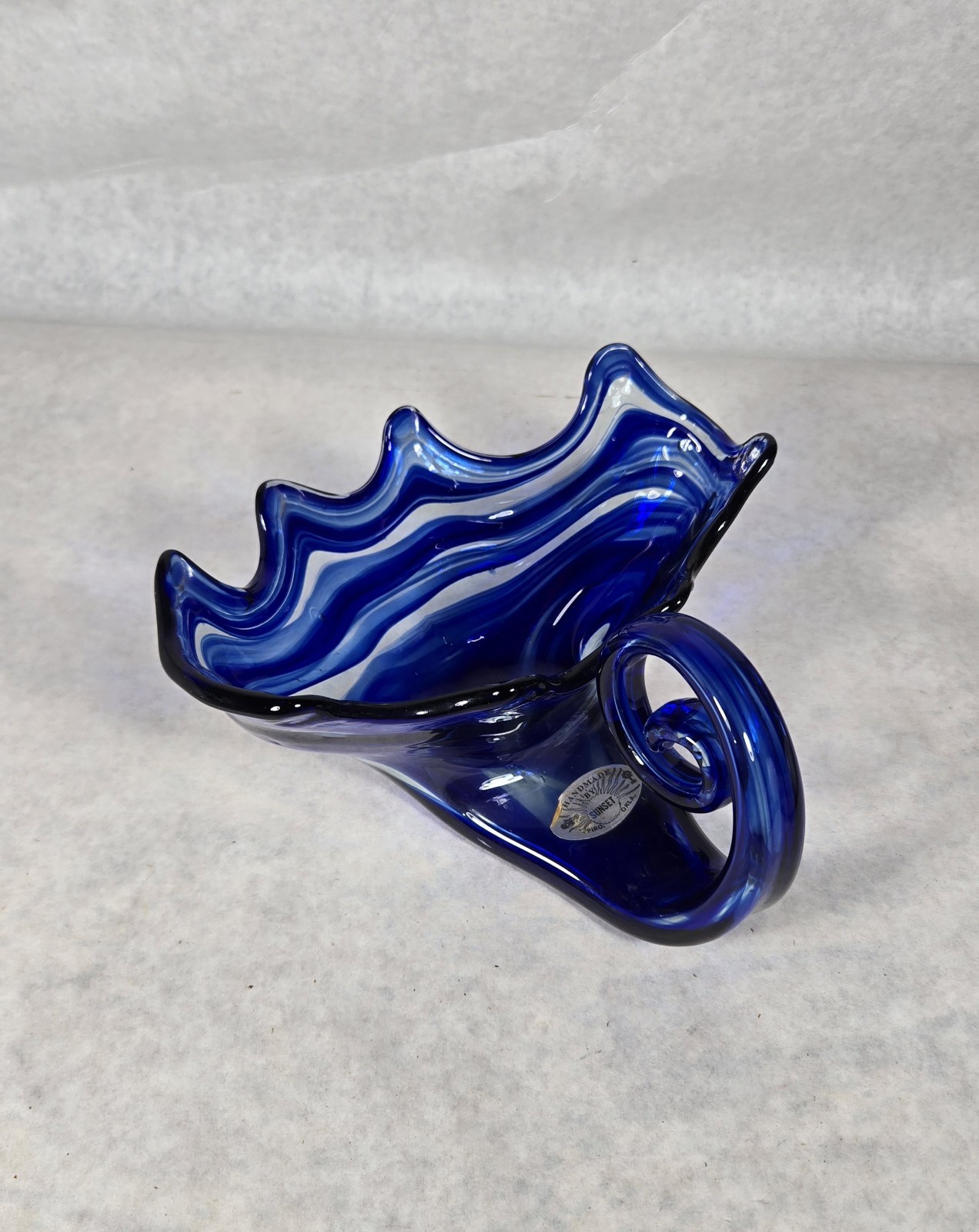 Vintage SUNSET Hand Blown Art Glass Cobalt Blue Swirl Sleigh Cornucopia OKLAHOMA