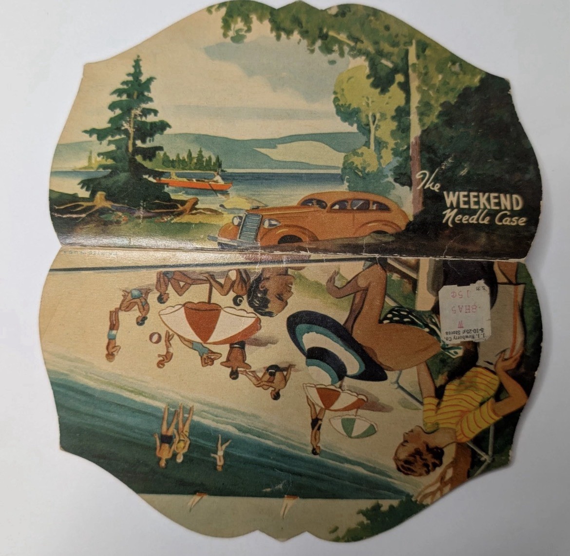 c1940s Vtg The Weekend Needle Case Beach Scene Car Sewing Kit J.J. Newberry Co