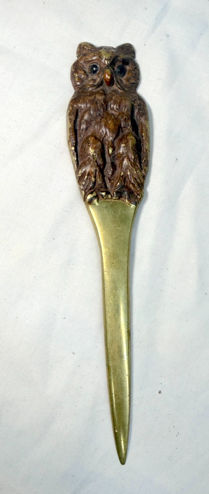 Quality Antique cold painted heavy brass figural owl desk article letter opener Quality Antique cold painted heavy brass figural owl desk article letter opener