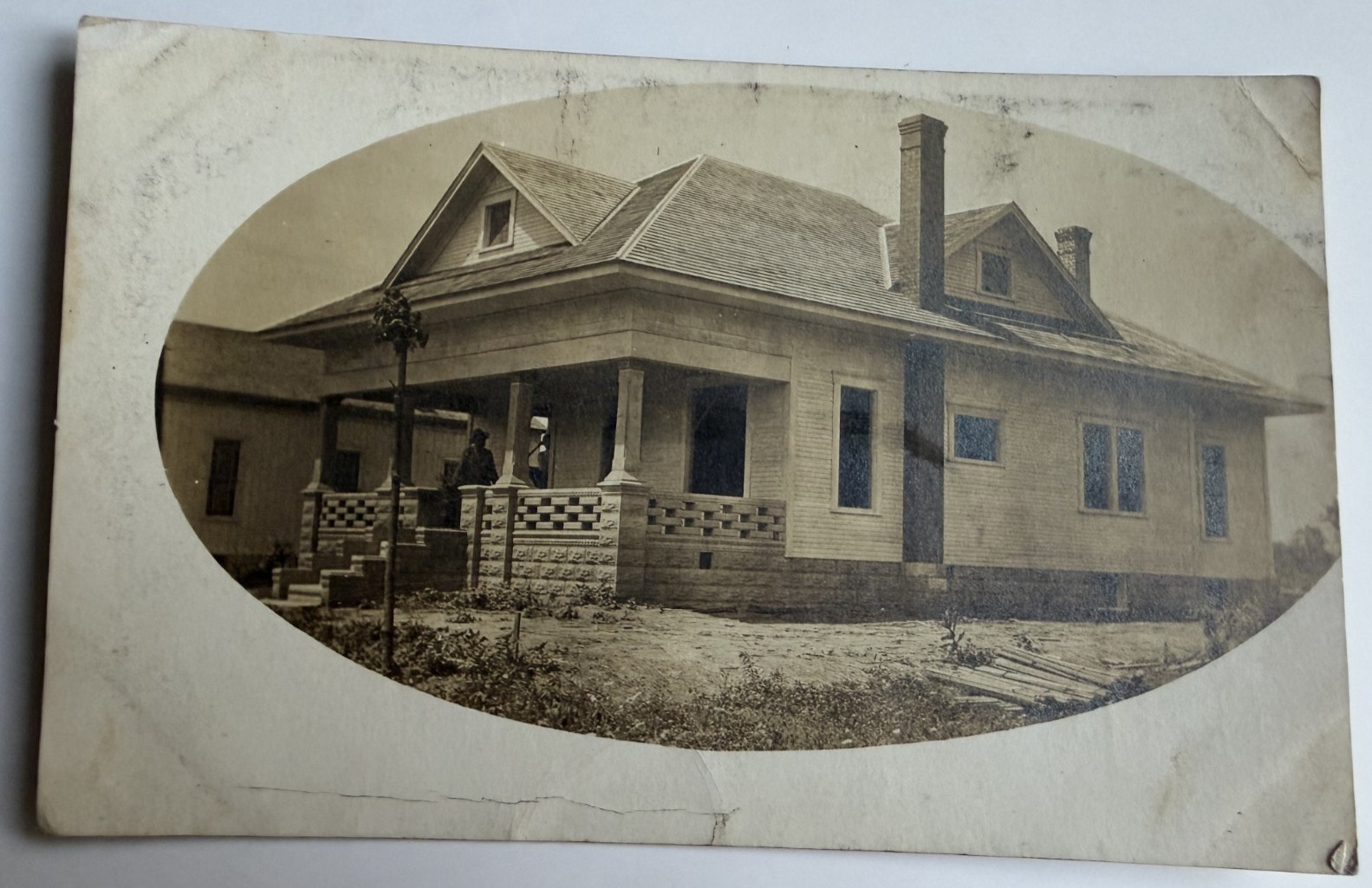 c1910 RPPC Oval Frame House Architecture Craftsman Bungalow Postcard Real Photo