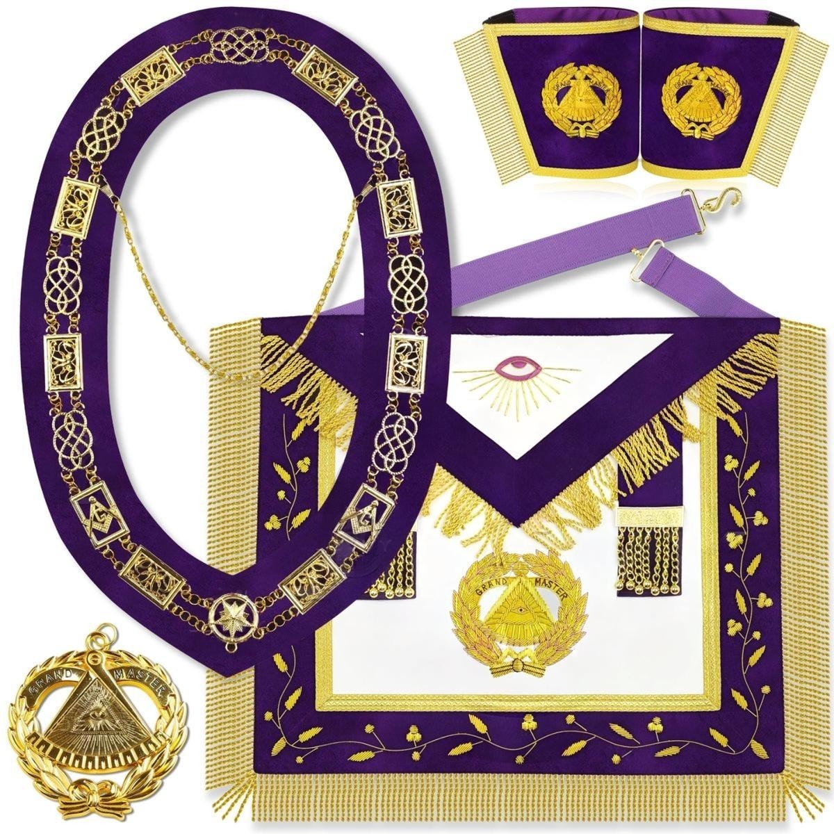 Grand Master Masonic Apron Cuffs Collar Jewel Set Lambskin Gold