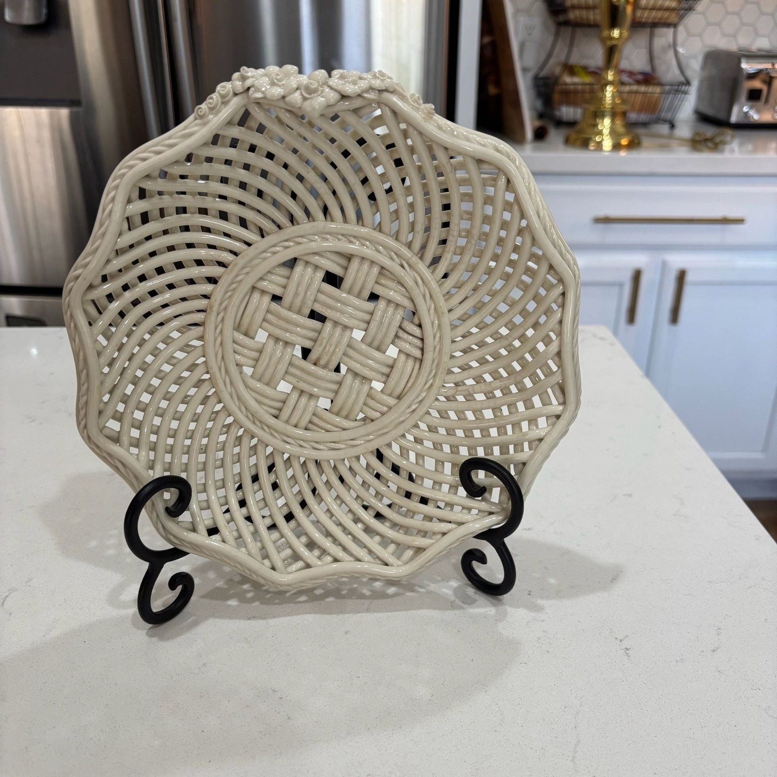 Woven Ivory Ceramic Lattice Plate with Applied Flowers