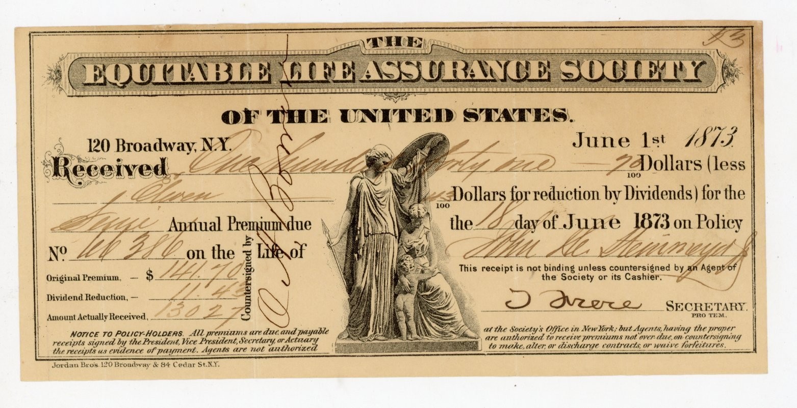 1873 Equitable Life Assurance Society Insurance Premium Receipt New York Vignett 1873 Equitable Life Assurance Society Insurance Premium Receipt New York Vignett