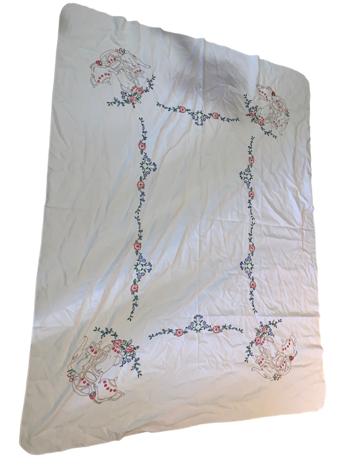 Vintage Floral And Teapots Hand Embroidered Linen Tablecloth 75” X 57”