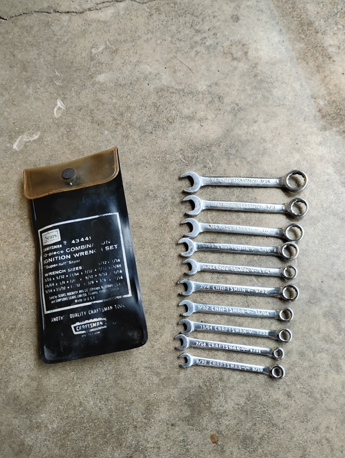 Craftsman 10pc SAE Ignition Wrench Set -V- Series 43441 USA Vintage