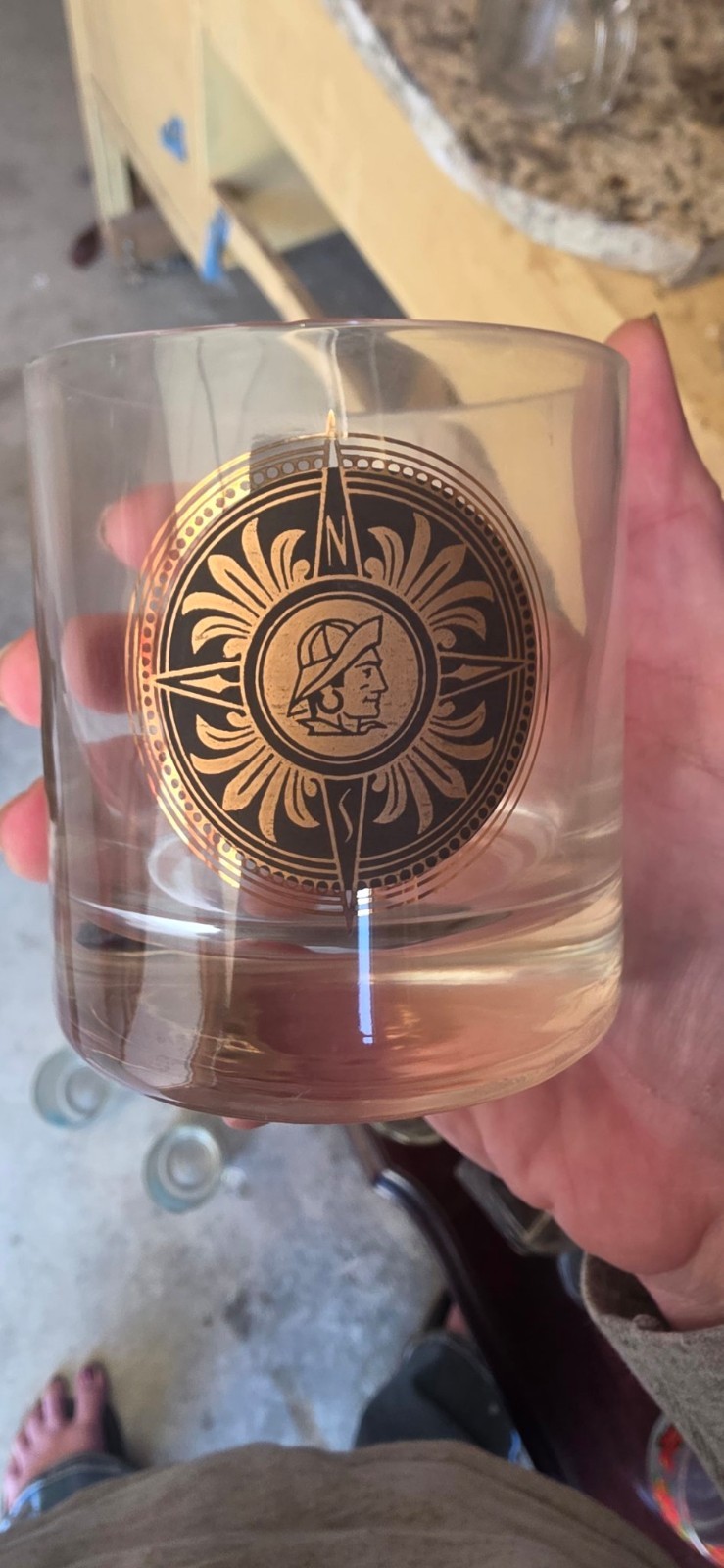 Vintage Nautical Compass Whiskey Glasses Set of 8 Gold Medallion
