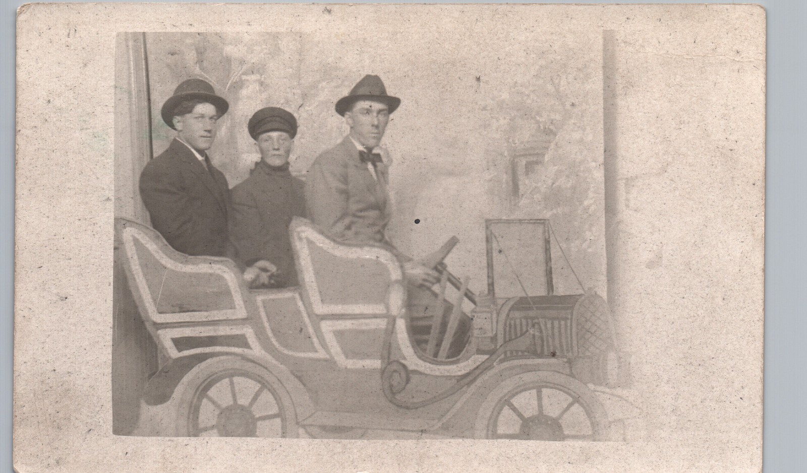 3 GUYS RIDING SILLY PROP CAR real photo postcard rppc early arcade automobile