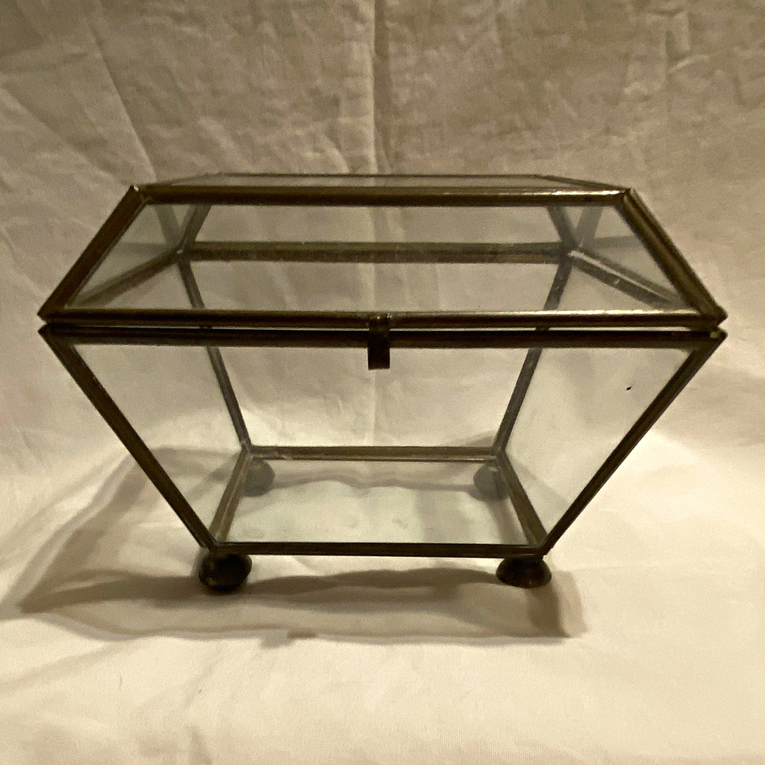 Vintage Glass & Brass Metal Hinged Trinket Box Display Case with Feet