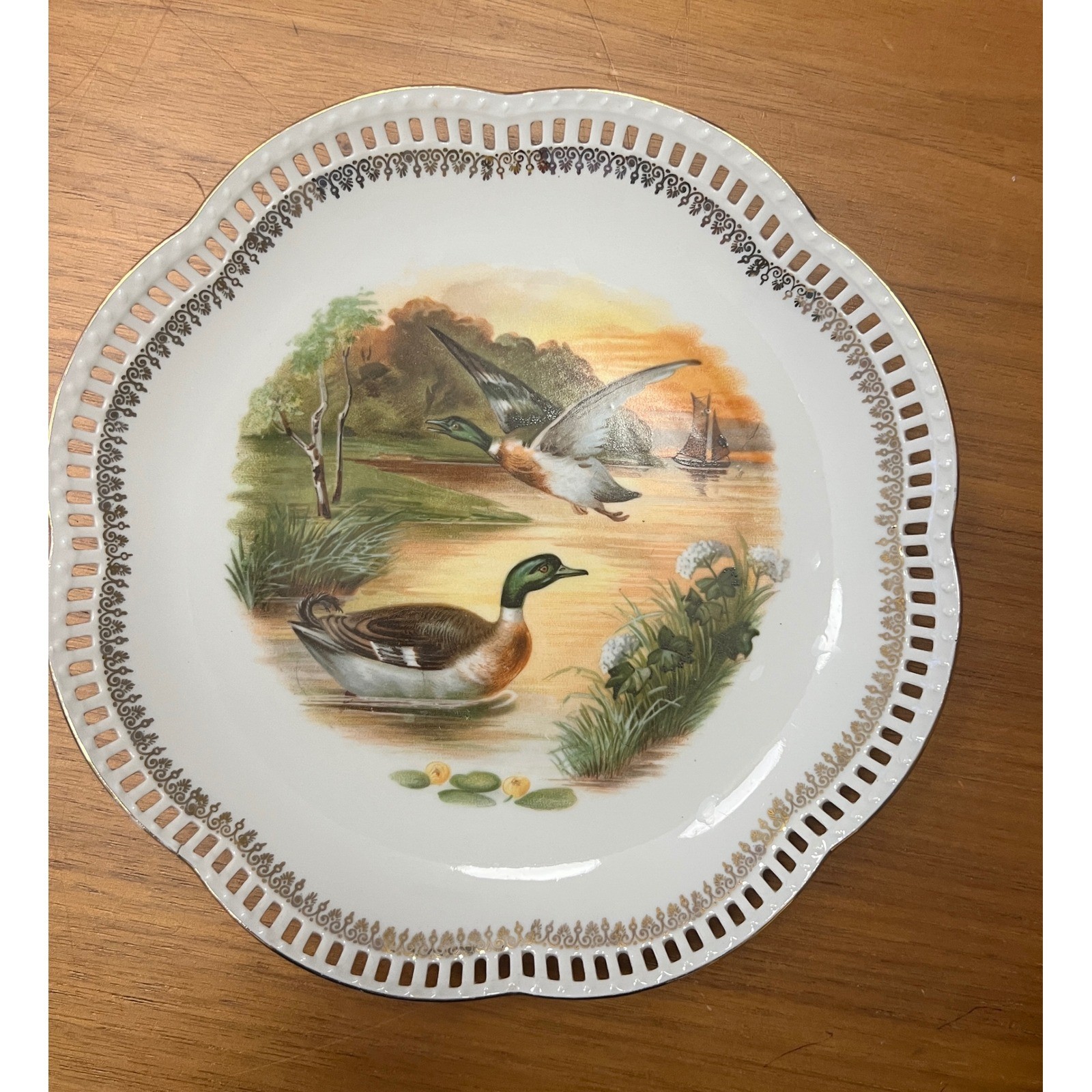 Vintage 1940s Schumann Bavaria US Zone Mallard Duck Reticulated Plate  7.75