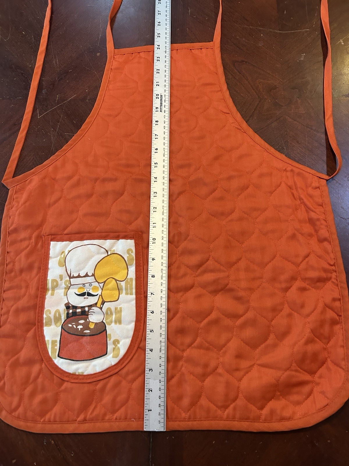 Vintage 70’s Orange Quilted Apron With Pocket Cartoon Chef & Mushroom MCM