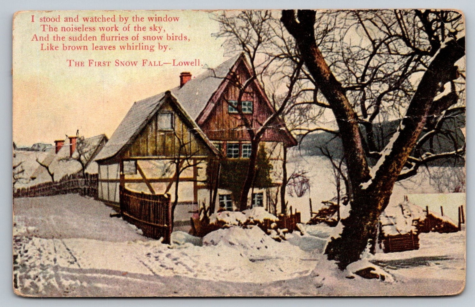 James Russell Lowell Poem Postcard First Snow Fall winter scene 1909 James Russell Lowell Poem Postcard First Snow Fall winter scene 1909