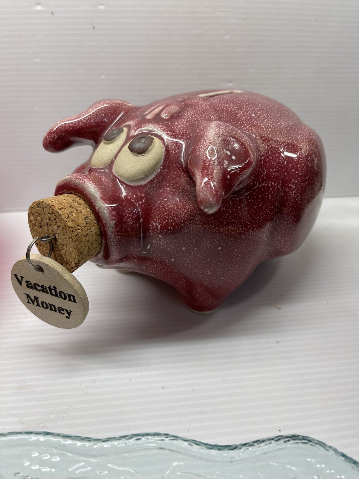 Muddy Water Pottery Cute Lg  Maroon Vacation Money Piggy Bank With Cork Stopper