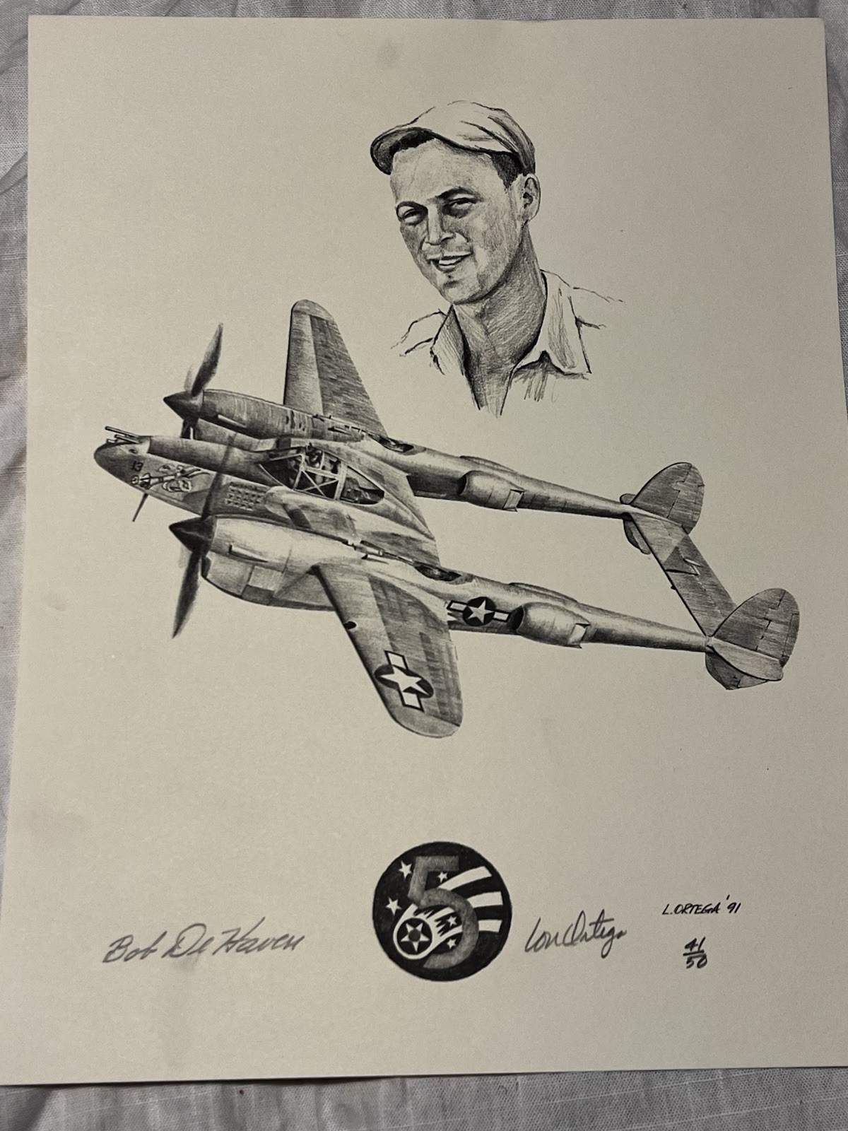 WW2 Fighter Ace Bob DeHaven Signed P-38 Print 49th FS Dick Bong Wingman
