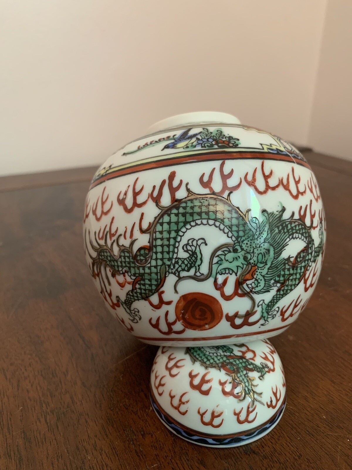 Japanese Porcelain Ware Small Ginger Jar lidded Green Blue Dragon 1970’s Vase