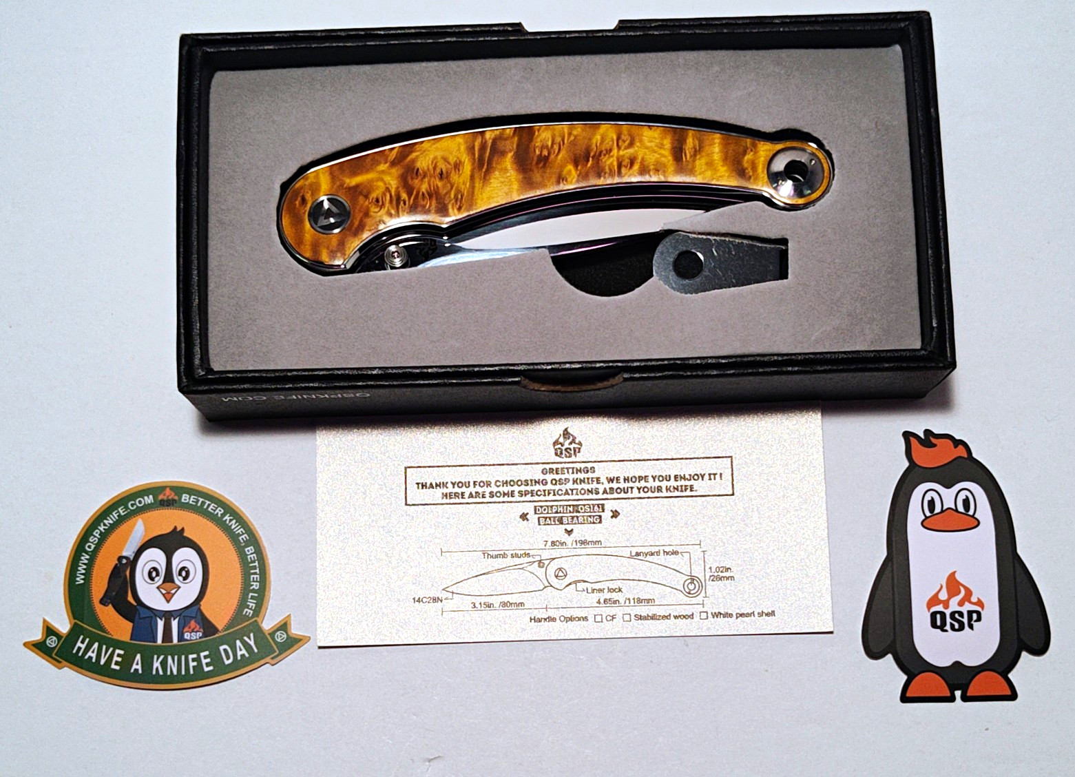 QSP Dolphin QS161 Stabilized Wood Handle 14C28N Mirror Polished Blade Liner Lock