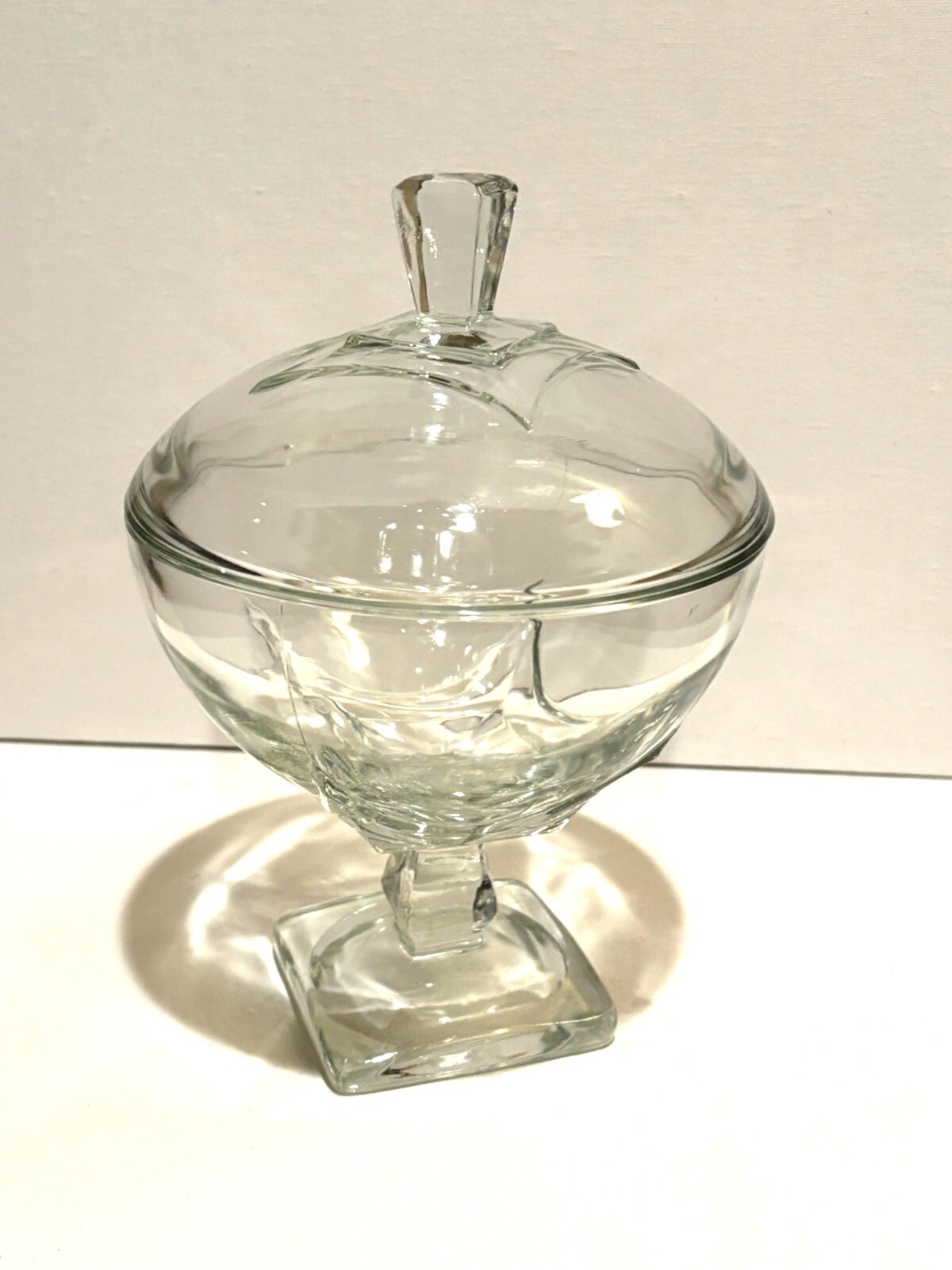 Vintage EAPG Clear Glass Covered Compote Square Base Diamond Candy Dish Vintage EAPG Clear Glass Covered Compote Square Base Diamond Candy Dish