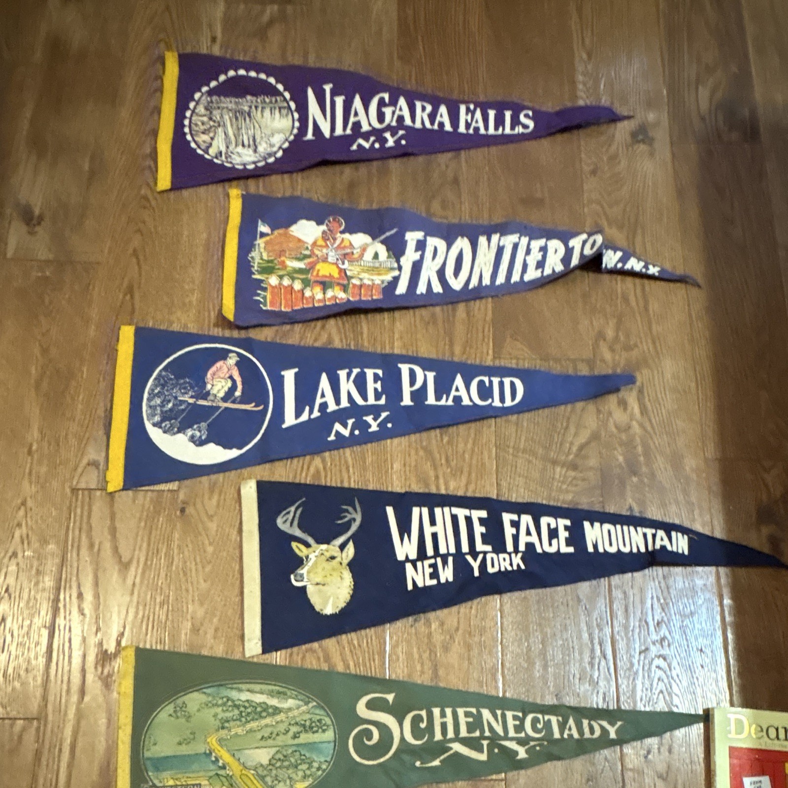 Vintage NY Souvenir Pennant Lot Frontier Town Lake Placid Niagara Falls 5pc