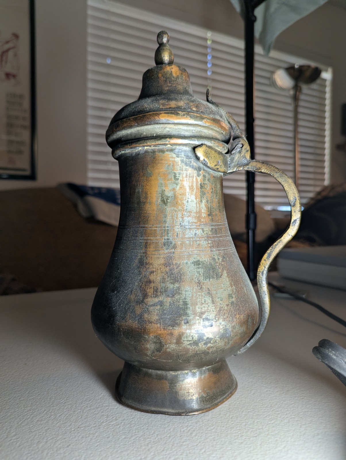 Antique c.1900 Lidded Brass Pitcher Hand-Finished Copper Alloy Vessel