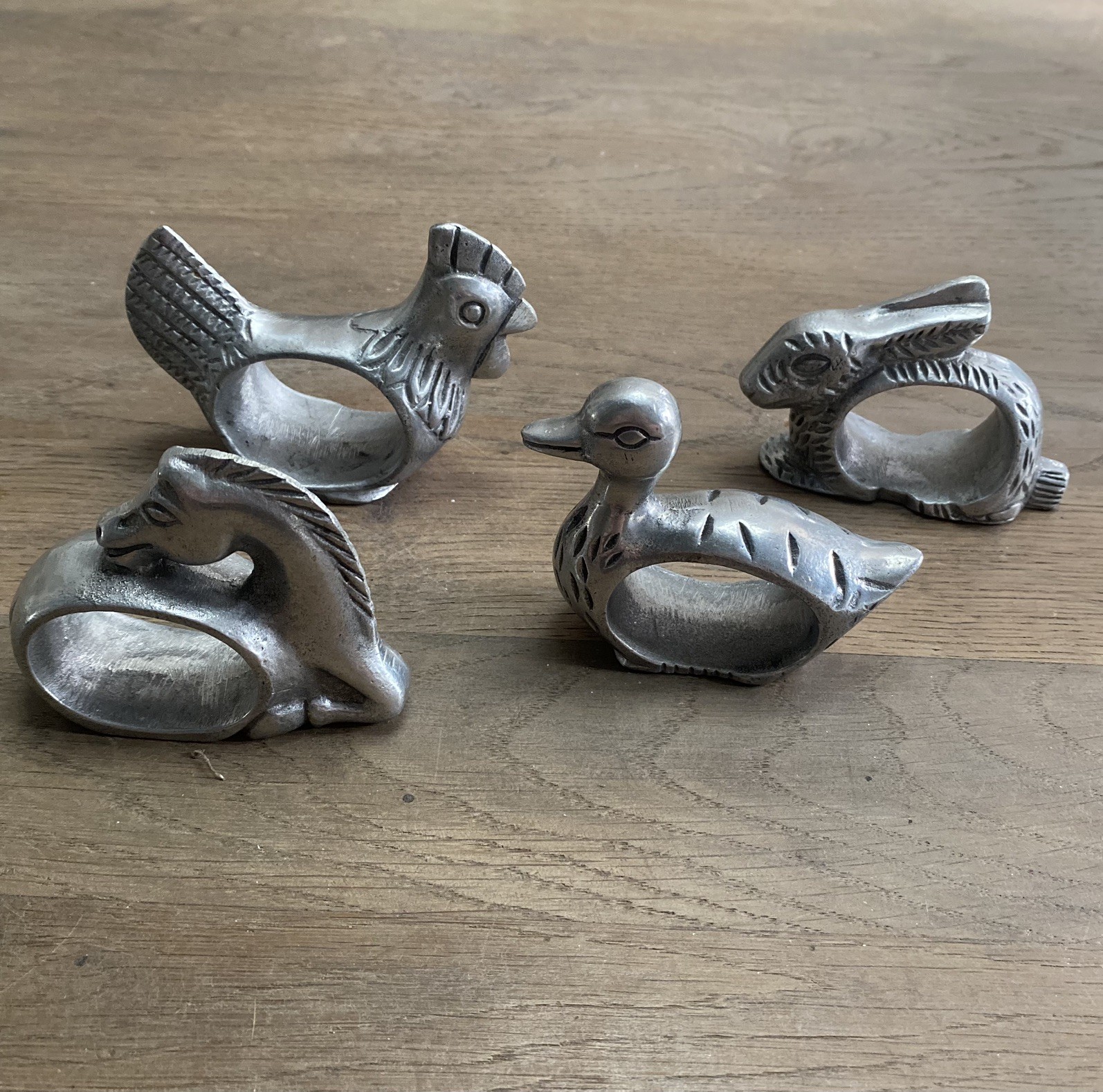 Vintage Heavy Pewter Figural Animal Napkin Rings - Set of 4 Different Animals Vintage Heavy Pewter Figural Animal Napkin Rings - Set of 4 Different Animals