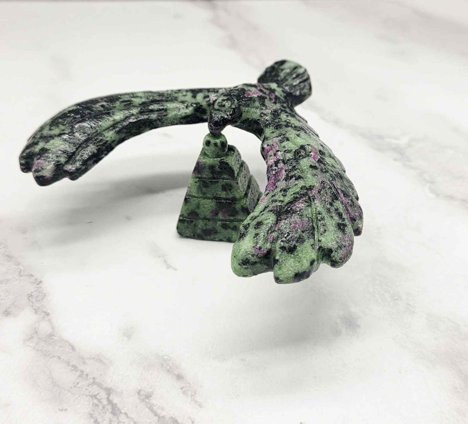 Ruby Zoisite Flying Bird Spinner Hand Carved Gemstone Sculpture 4.33” Wings