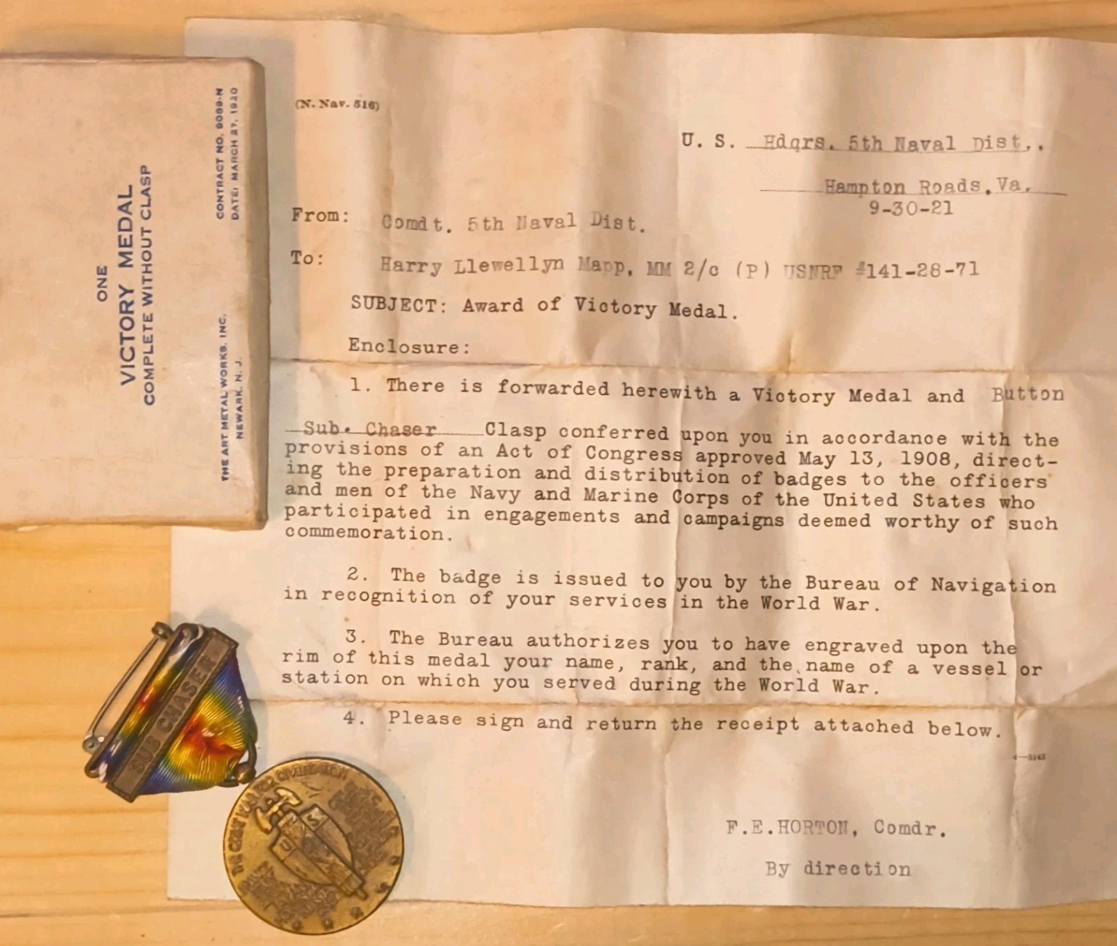 WWI US Navy Victory Medal Grouping SUB CHASER Clasp, 1921 Letter, Original Box WWI US Navy Victory Medal Grouping SUB CHASER Clasp, 1921 Letter, Original Box