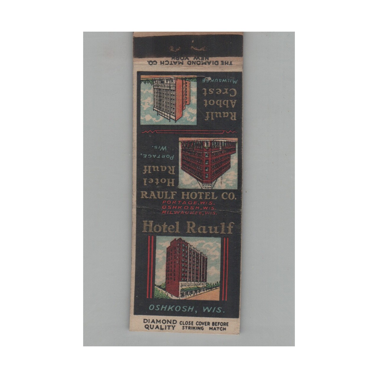 1920s-1930s Diamond Quality Matchbook Cover Raulf Hotel Co Oshkosh WI #2