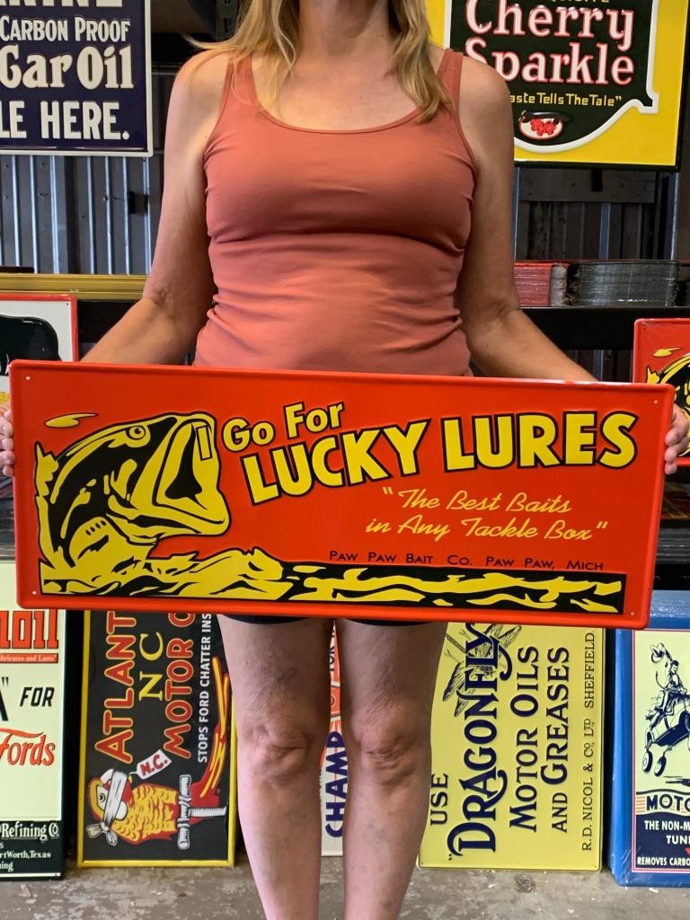 Antique Vintage Old Style Sign Lucky Fishing Lures Michigan 29x12 Made in USA