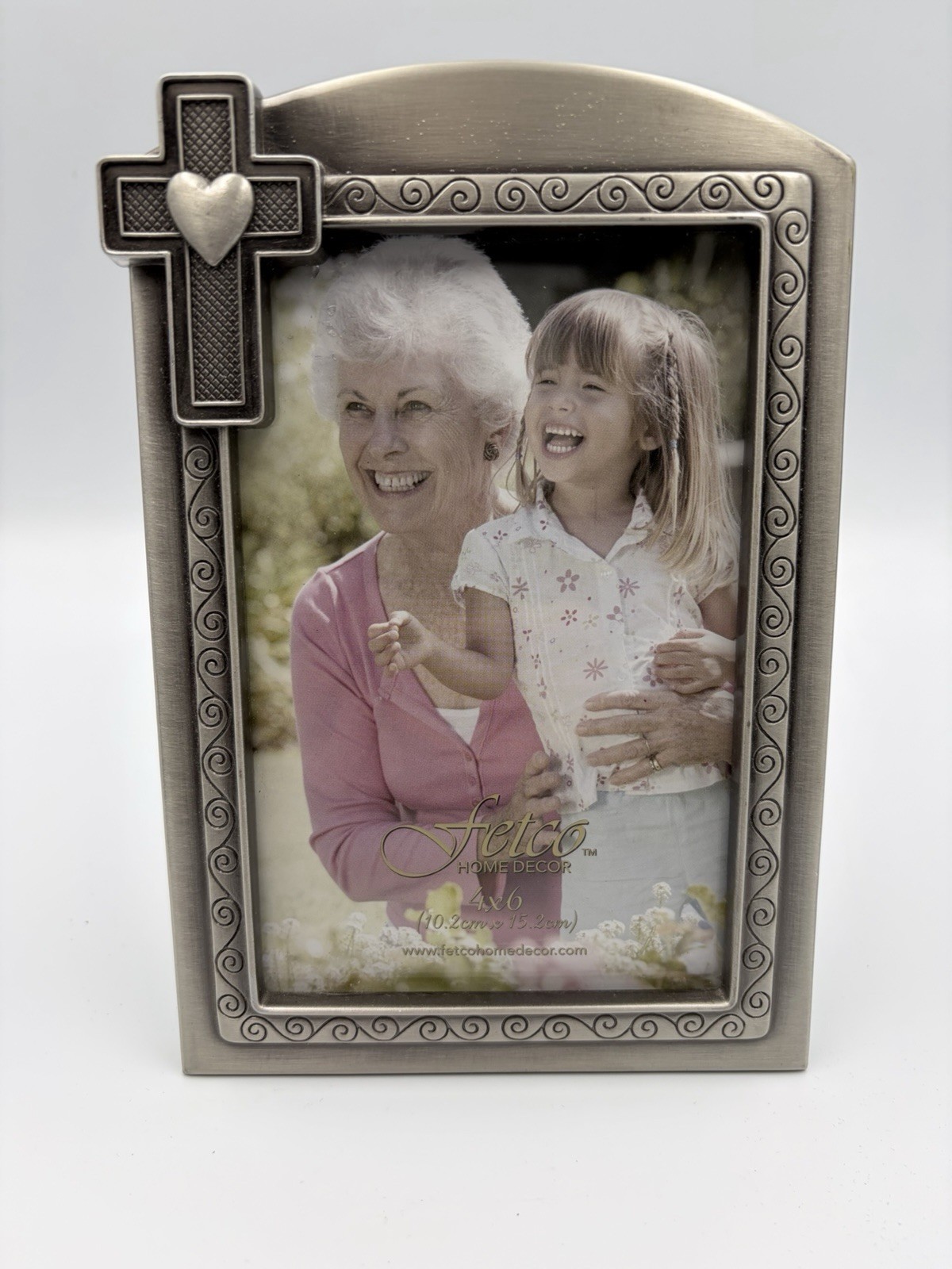 Vintage Fetco Home Decor Silver Metal 4x6 Picture Frame Cross and Heart