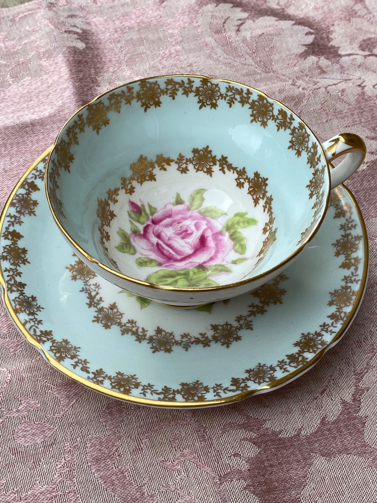 Lovely Rare Large Rose Stanley Vintage Teacup, Pale Blue, Gold Leaves, VERY GOOD Lovely Rare Large Rose Stanley Vintage Teacup, Pale Blue, Gold Leaves, VERY GOOD